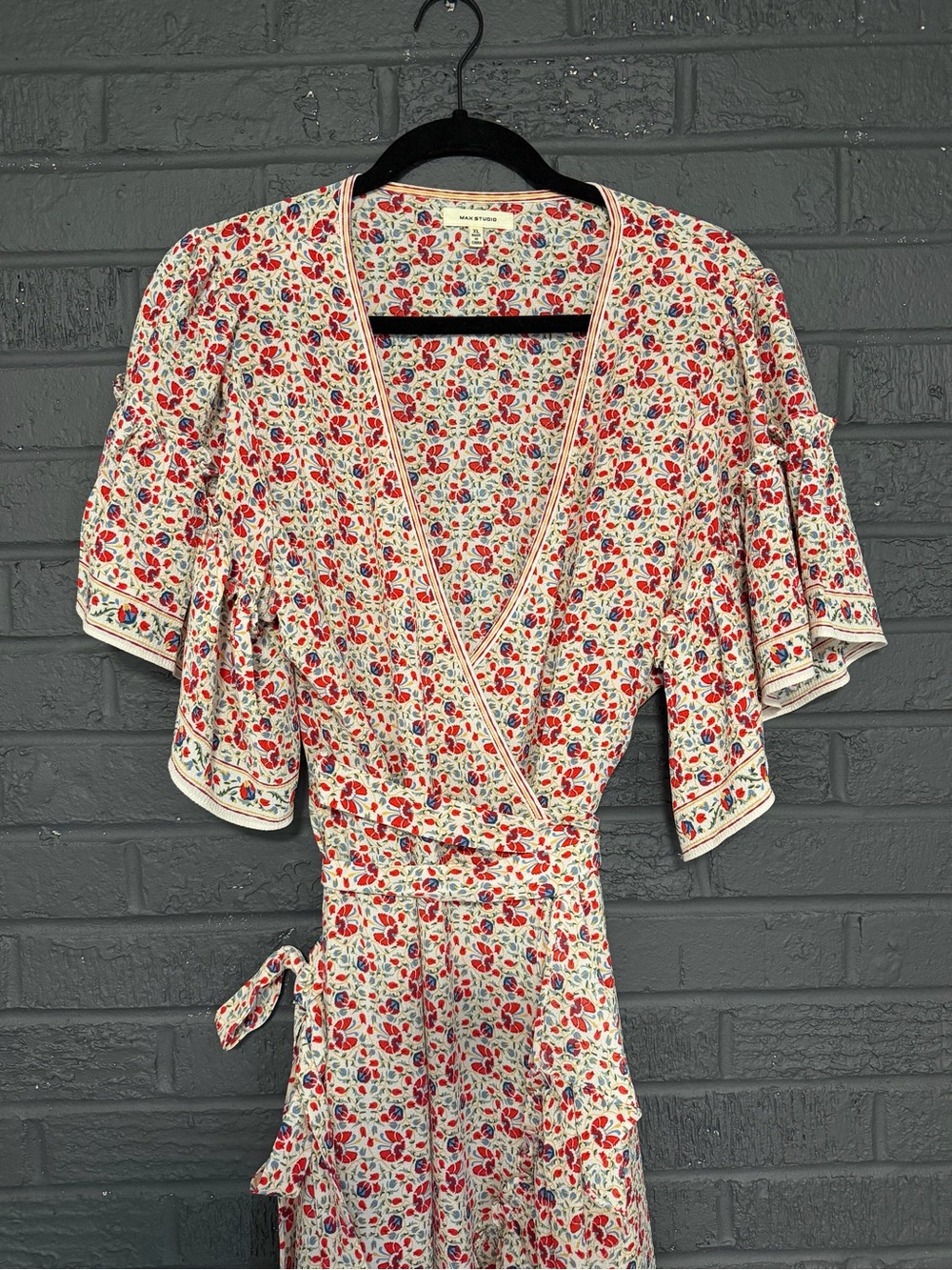 Max Studio Floral Wrap Midi Dress in Cream with Red & Blue Print
